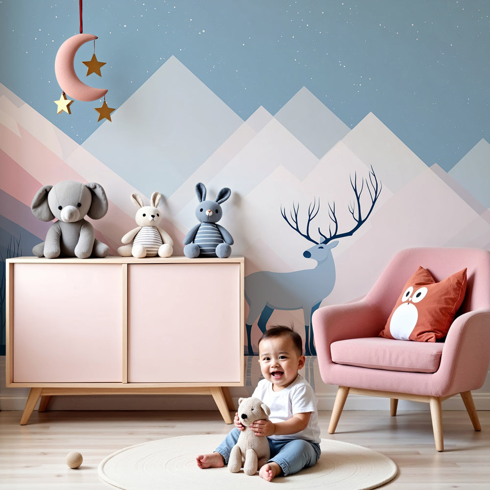 Mountain deer mural wallpaper in modern nursery with wooden crib and nature decor by Kids-Mundo
