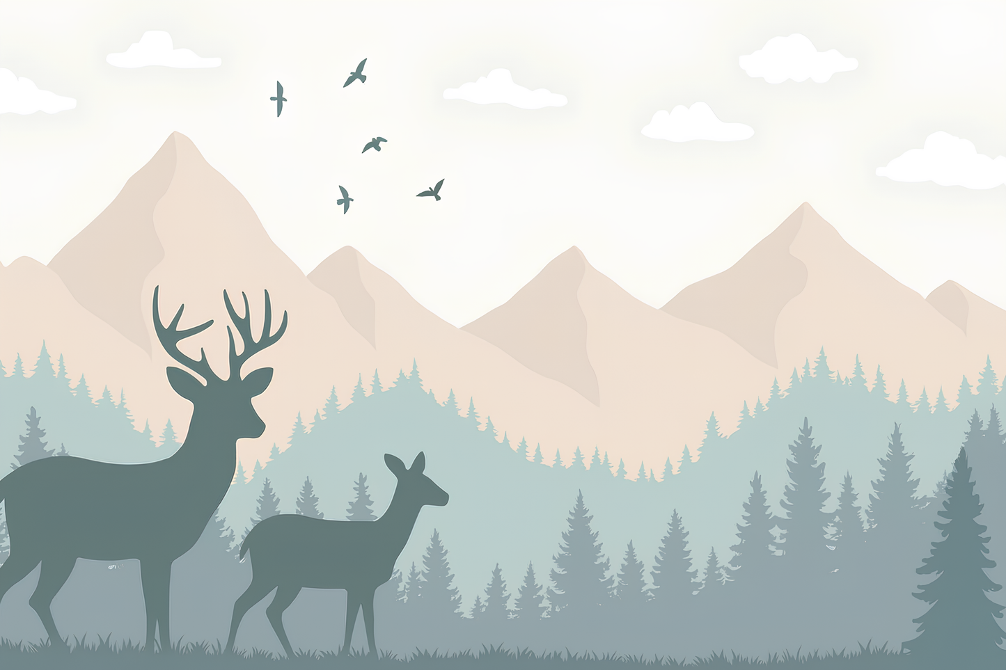 Kids-Mundo flat artwork of a stag and fawn silhouette against layered mountain peaks
