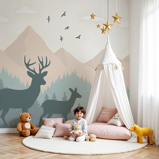 Kids-Mundo mountain deer wall mural in a calm nursery with a cot and soft blush tones