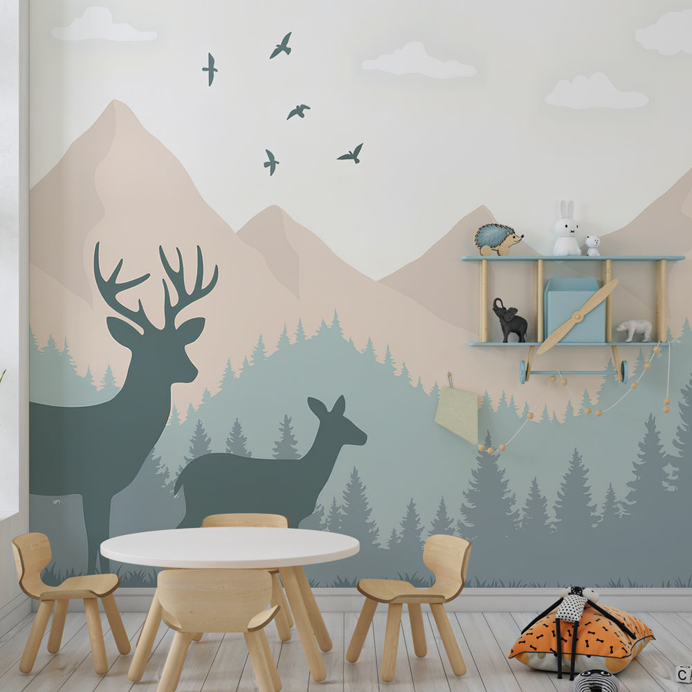 Kids-Mundo mountain deer mural brightening a playroom wall with a calm silhouette scene