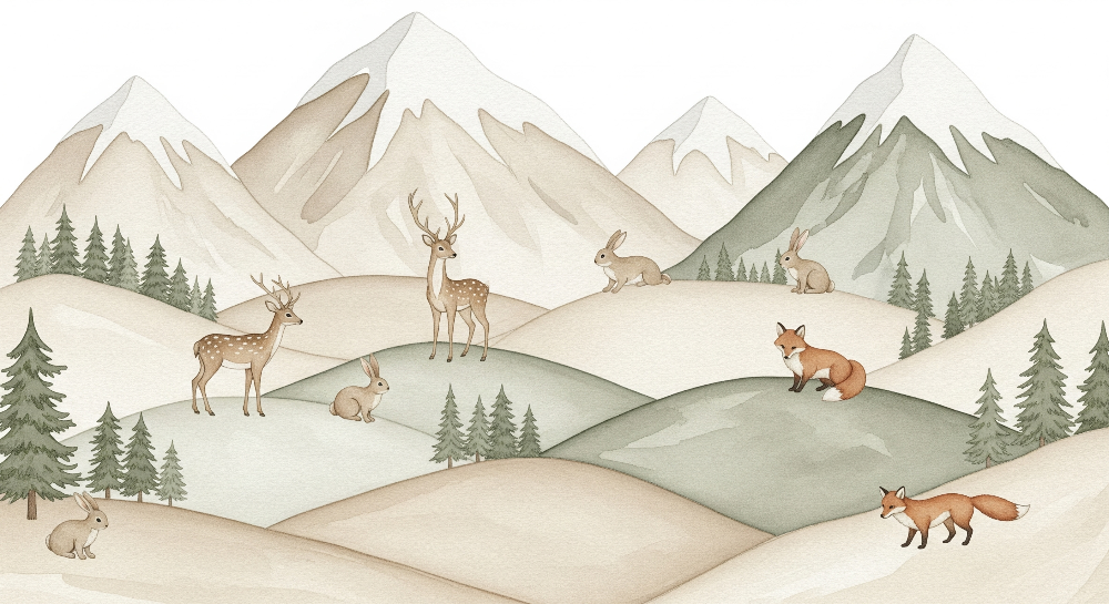 Watercolor Mountain Landscape with Woodland Animals Wall Mural