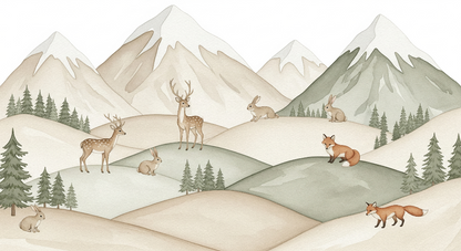 Kids-Mundo flat artwork of a watercolor mountain landscape mural with deer and foxes