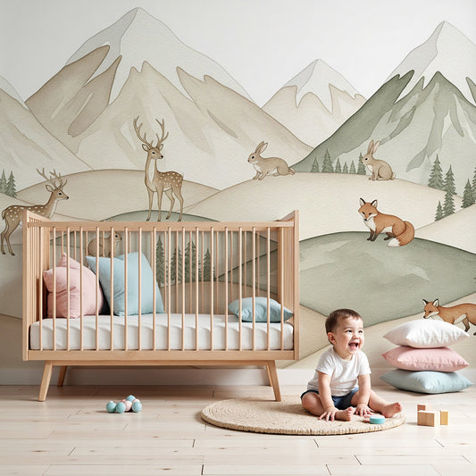 Kids-Mundo mountain landscape wall mural with deer and foxes styled in a soft nursery