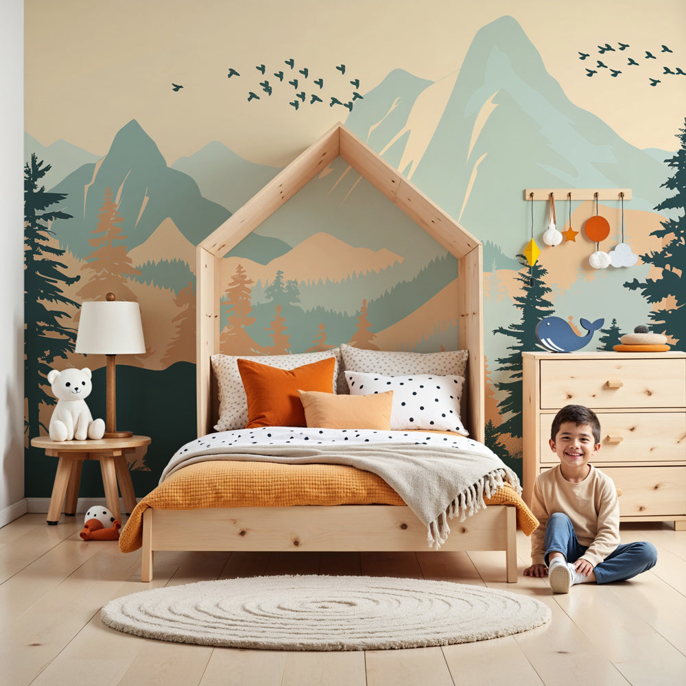 Kids-Mundo mountain forest bear wall mural styled in a gender-neutral nursery with pine trees.