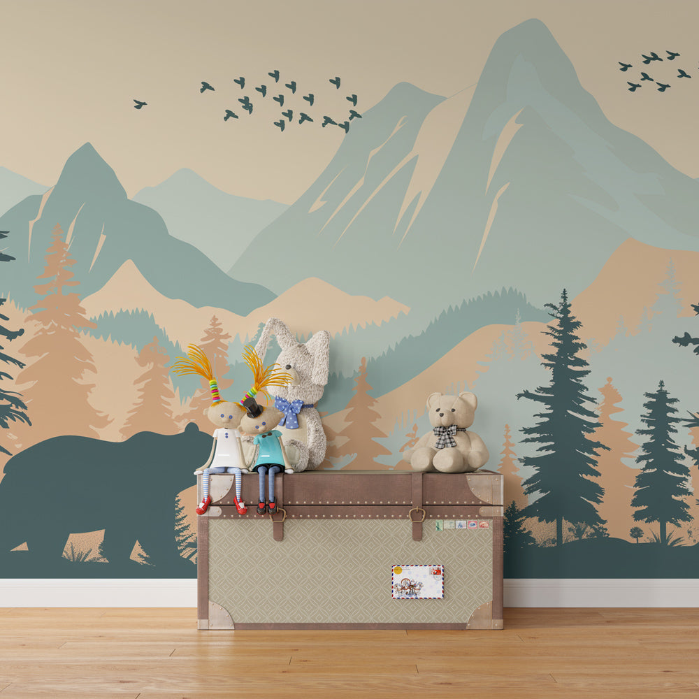Kids-Mundo mountain forest bear mural bringing an outdoor adventure feel to a playroom.