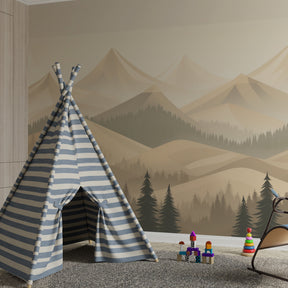 Misty mountain woodland wallpaper creating serene atmosphere in children's bedroom decor