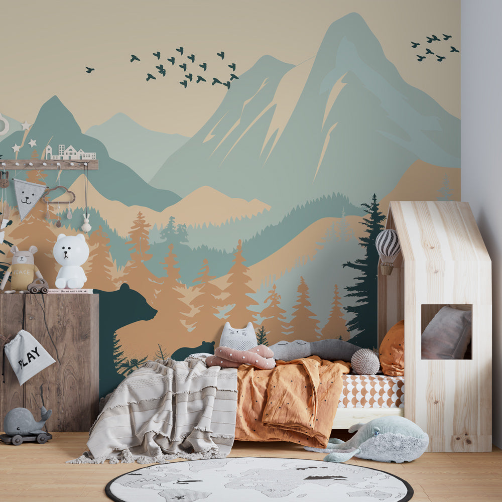 Children's bedroom featuring mountain forest wallpaper with terracotta peaks and woodland animals