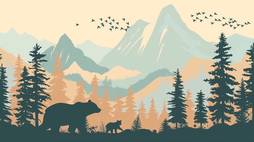 Detailed terracotta mountain forest mural wallpaper design pattern with bears and trees by Kids-Mundo