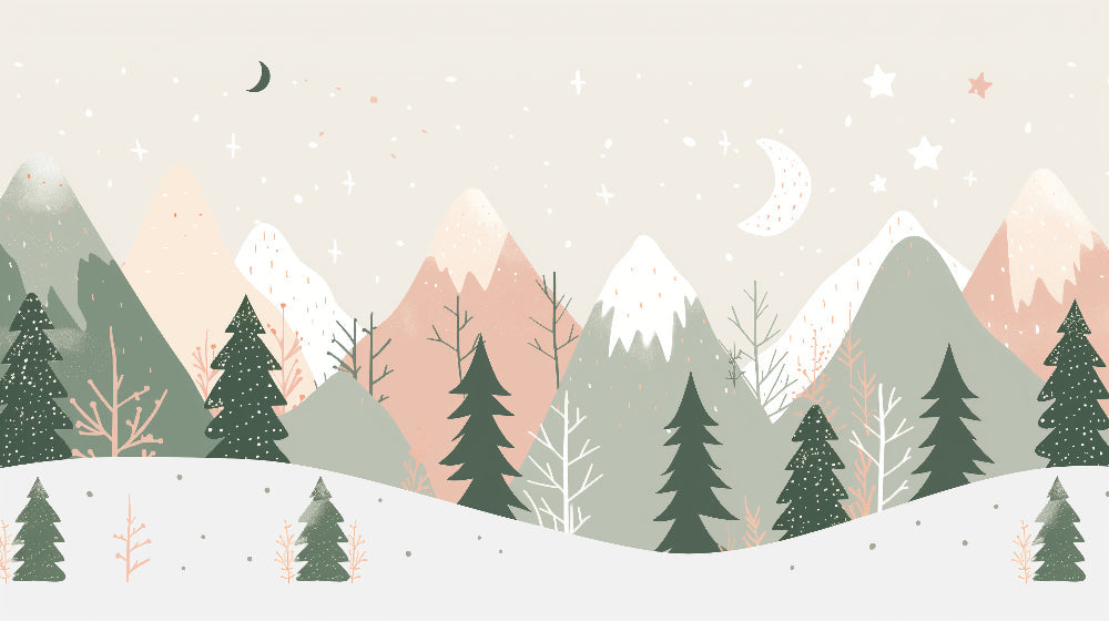 Detailed pastel mountain forest mural wallpaper design pattern with moon and trees by Kids-Mundo