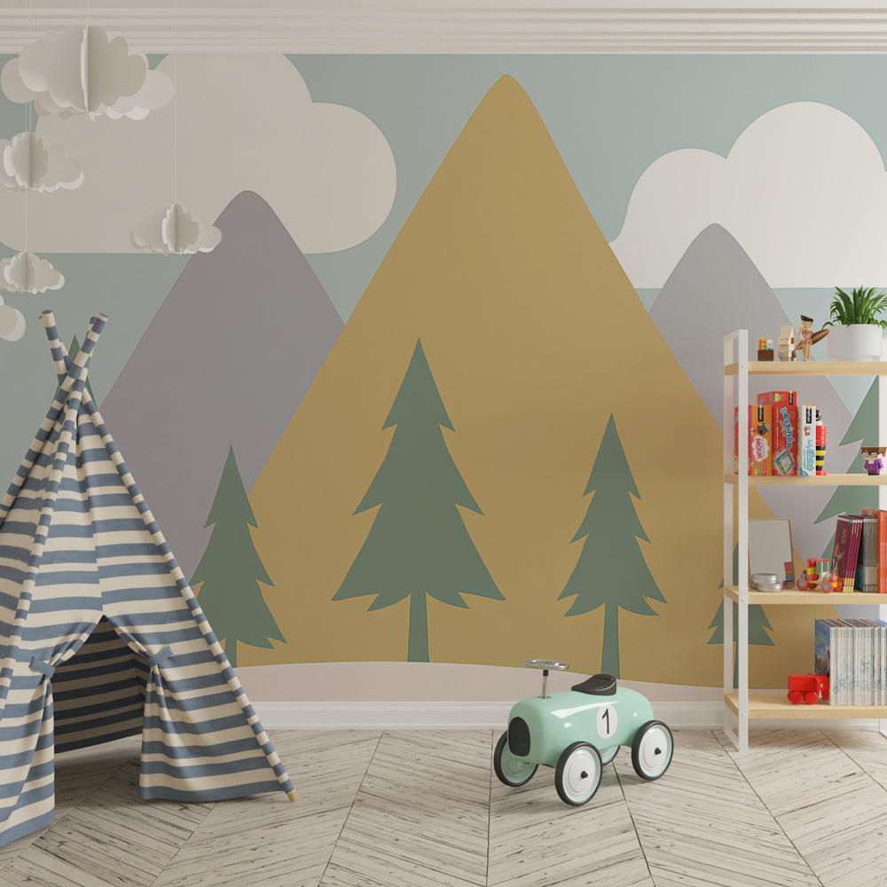 Calming mountain landscape wallpaper in children's bedroom with natural wood furniture