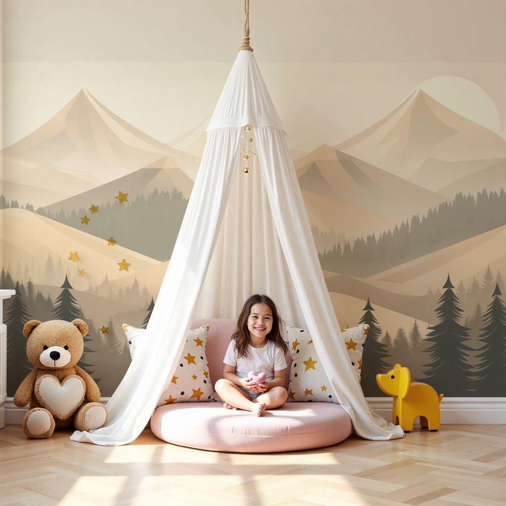 Geometric mountain forest mural wallpaper in modern nursery with natural wood furniture by Kids-Mundo