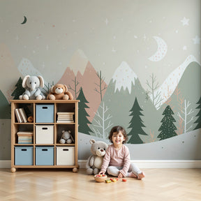 Pastel mountain forest mural wallpaper in modern nursery with moon and trees by Kids-Mundo