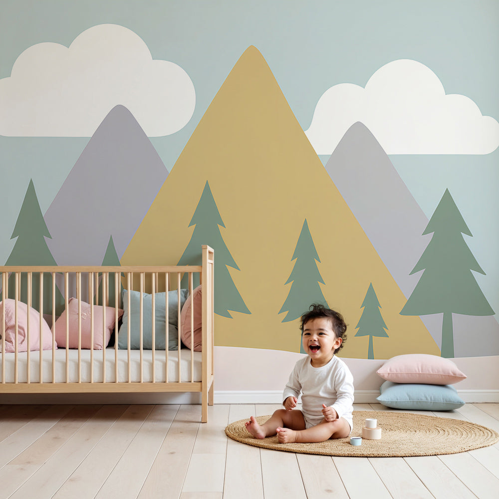 Mountain forest mural wallpaper creating peaceful nursery atmosphere with blue tones by Kids-Mundo