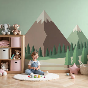 Mountain forest mural wallpaper creating peaceful nursery atmosphere with geometric nature design by Kids-Mundo