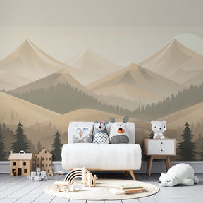 Beige geometric mountain forest wallpaper accent wall in modern kids playroom setting