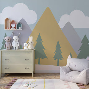 Nature-inspired mountain forest wallpaper transforming kids playroom into outdoor sanctuary