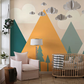 Mountain landscape mural wallpaper creating imaginative play space in kids room by Kids-Mundo