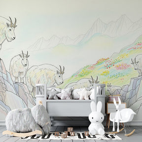 Alpine goats wallpaper creating peaceful children's bedroom with mountain adventure theme