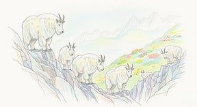 Detailed mountain goats mural wallpaper design pattern with alpine meadow by Kids-Mundo