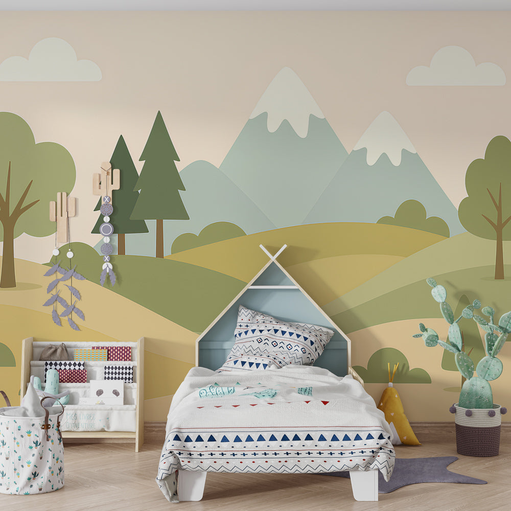 Soft nature landscape mural wallpaper creating calming kids bedroom decor