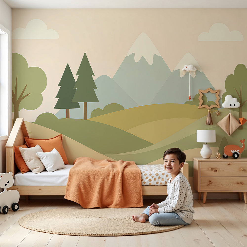 Mountain hills mural wallpaper in modern nursery with wooden crib by Kids-Mundo