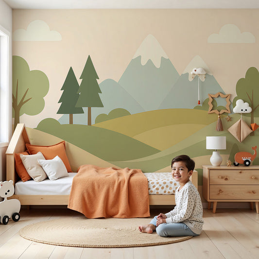 Mountain hills mural wallpaper in modern nursery with wooden crib by Kids-Mundo