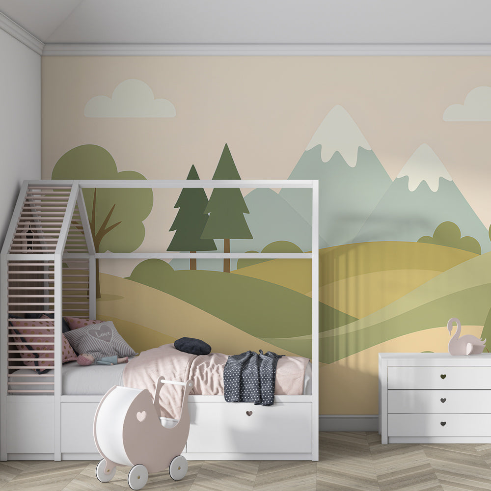 Green and beige mountain wallpaper transforming children's room into nature retreat