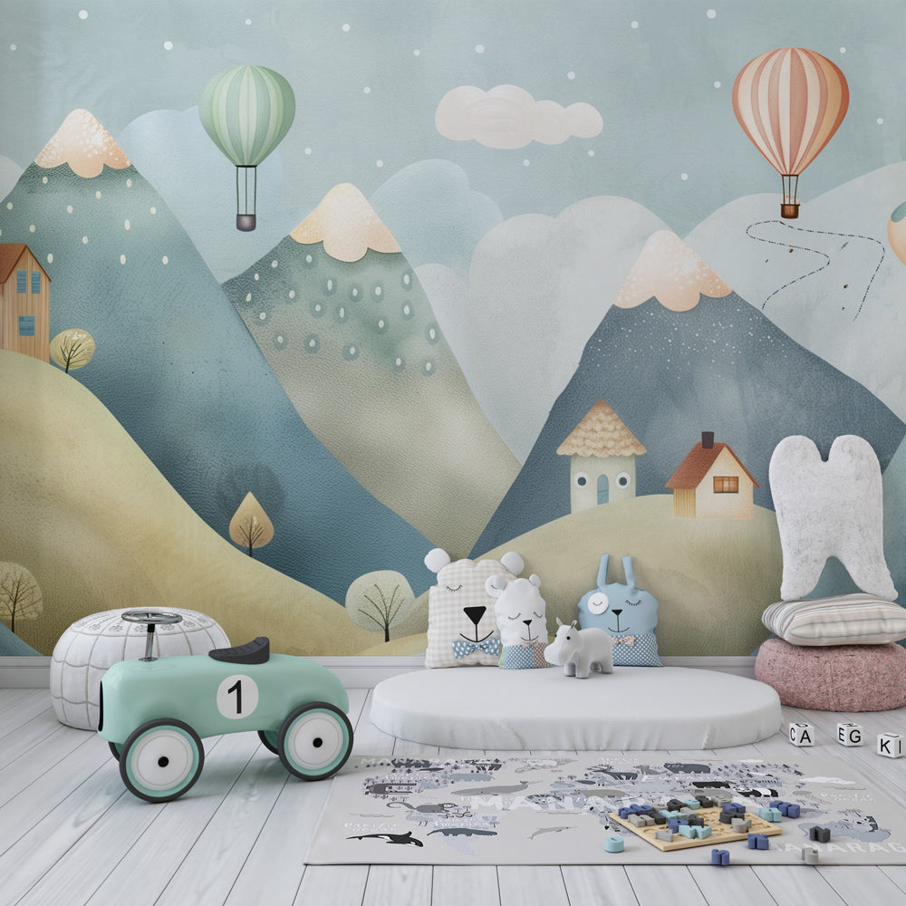 Colorful hot air balloon and mountain wallpaper transforming children's playroom