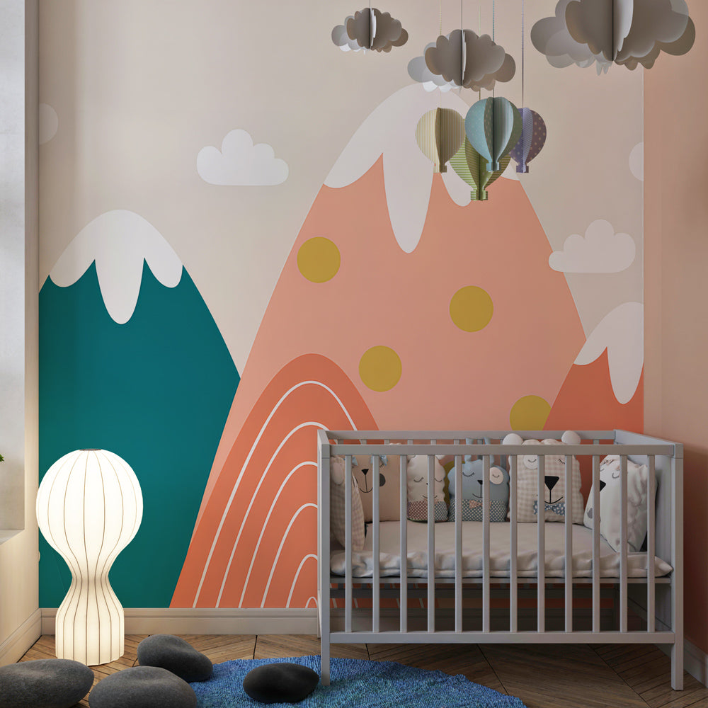 Mountain peaks wallpaper creating adventurous kids bedroom decor with soft clouds and vibrant colors