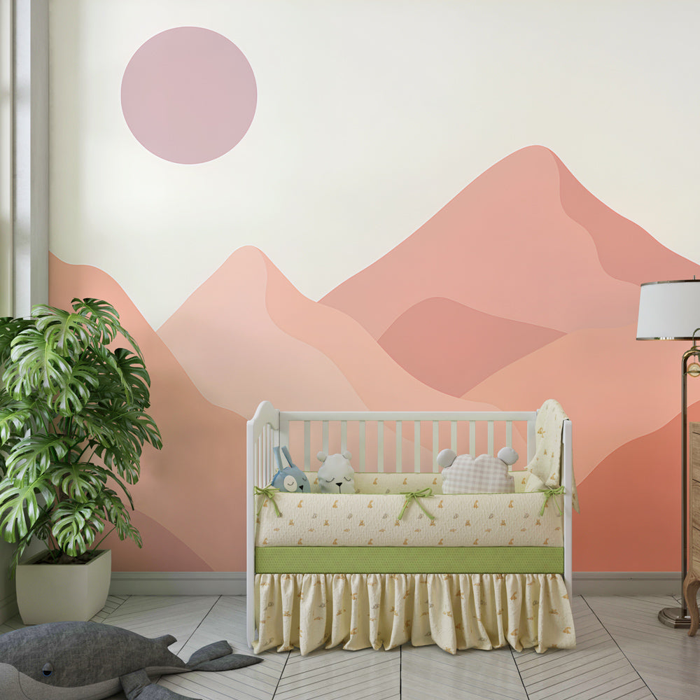 Pastel mountain wallpaper creating dreamy atmosphere in children's bedroom decor