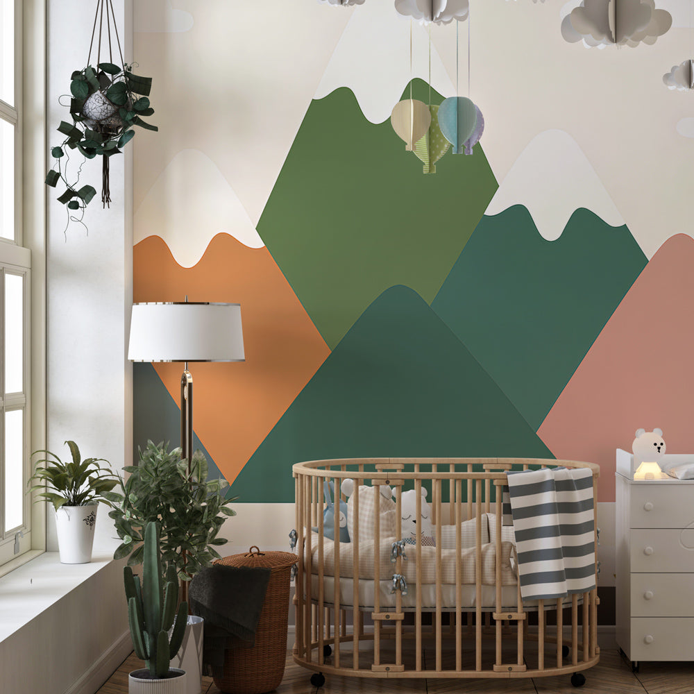 Gentle mountain scene wallpaper creating calming atmosphere in children's bedroom decor