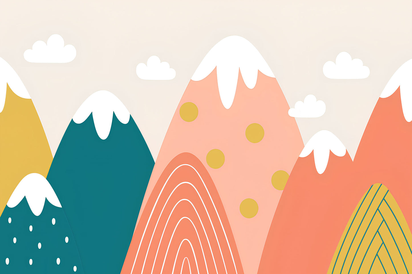 Detailed mountain landscape mural wallpaper design pattern with colorful peaks and soft clouds by Kids-Mundo