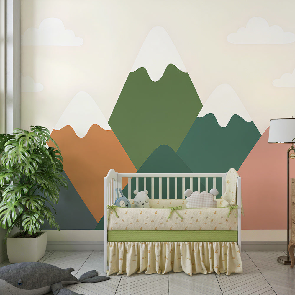Soft-colored mountain mural wallpaper transforming kids room into peaceful nature sanctuary
