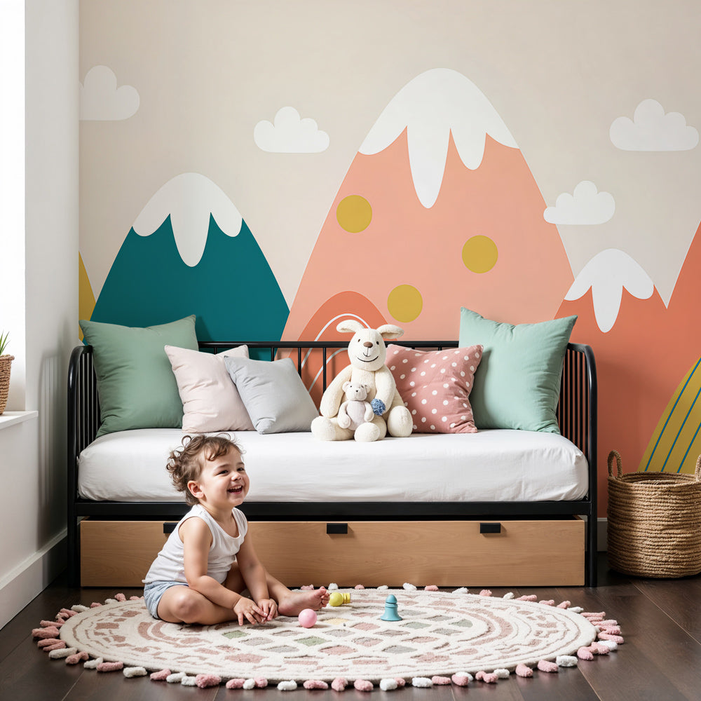 Colorful mountain landscape mural wallpaper in modern nursery with natural wood furniture by Kids-Mundo