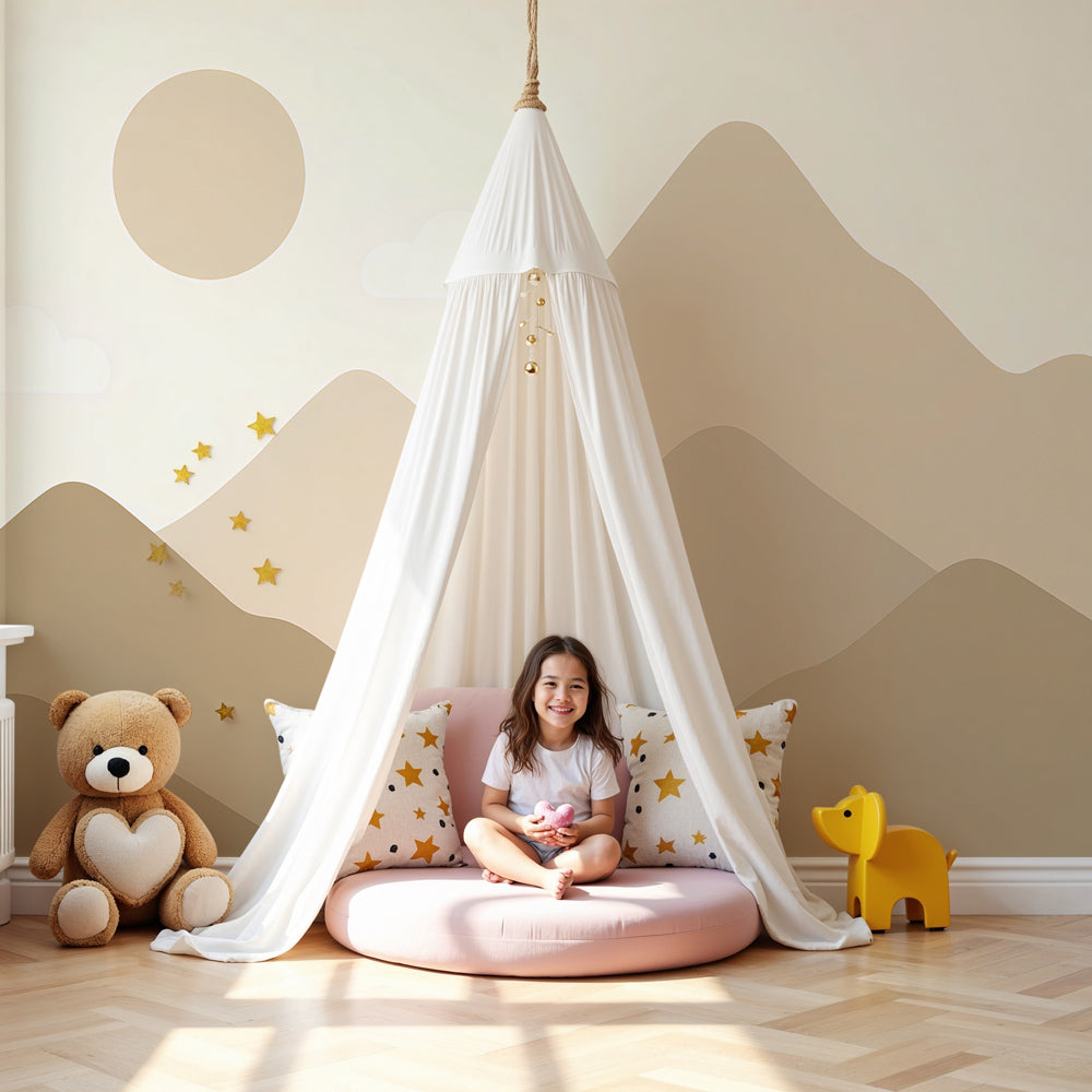 Mountain landscape mural wallpaper in beige tones decorating peaceful nursery room by Kids-Mundo