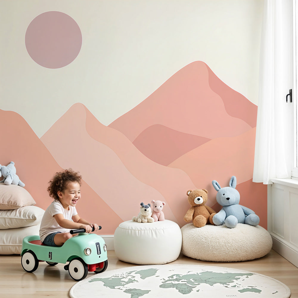 Mountain landscape mural wallpaper in soft pastels decorating modern nursery by Kids-Mundo