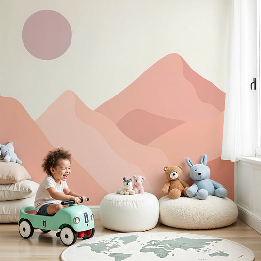 Mountain landscape mural wallpaper in soft pastels decorating modern nursery by Kids-Mundo