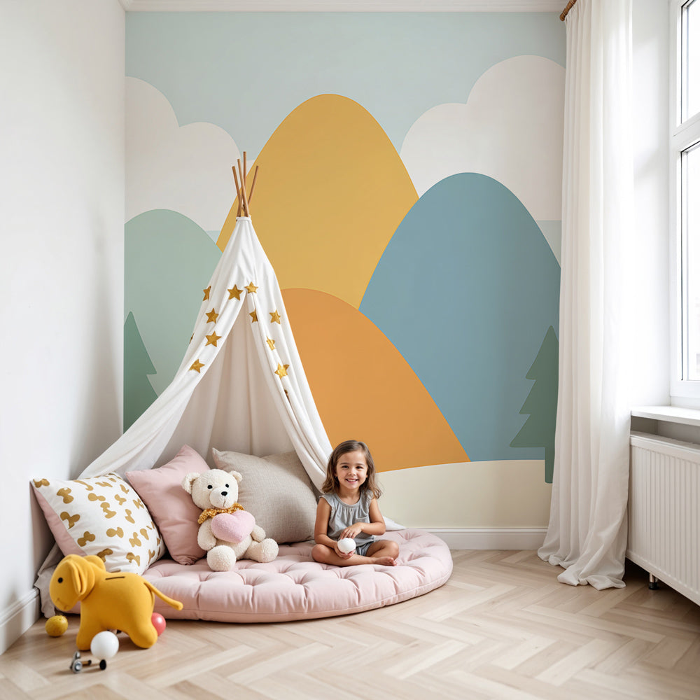 Mountain landscape mural wallpaper in peaceful children's nursery with natural wood furniture by Kids-Mundo