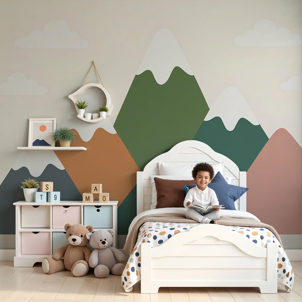 Mountain landscape mural wallpaper in soft pastels decorating modern nursery room by Kids-Mundo