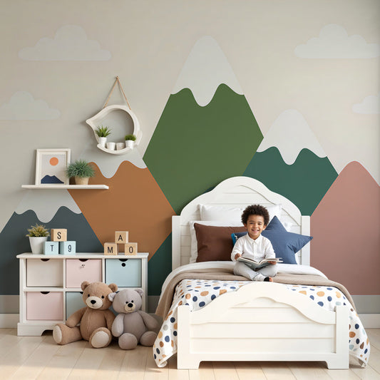 Mountain landscape mural wallpaper in soft pastels decorating modern nursery room by Kids-Mundo