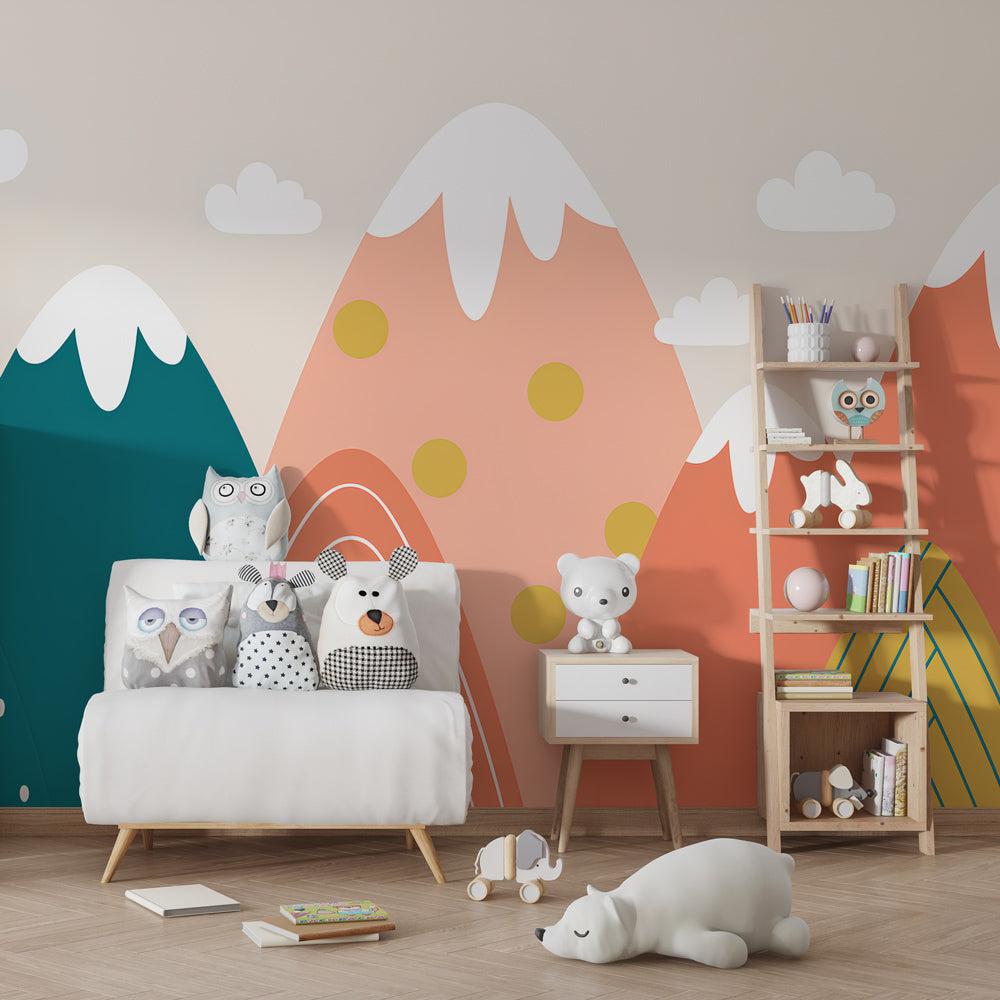 Nature-inspired mountain mural wallpaper transforming children's playroom into magical landscape