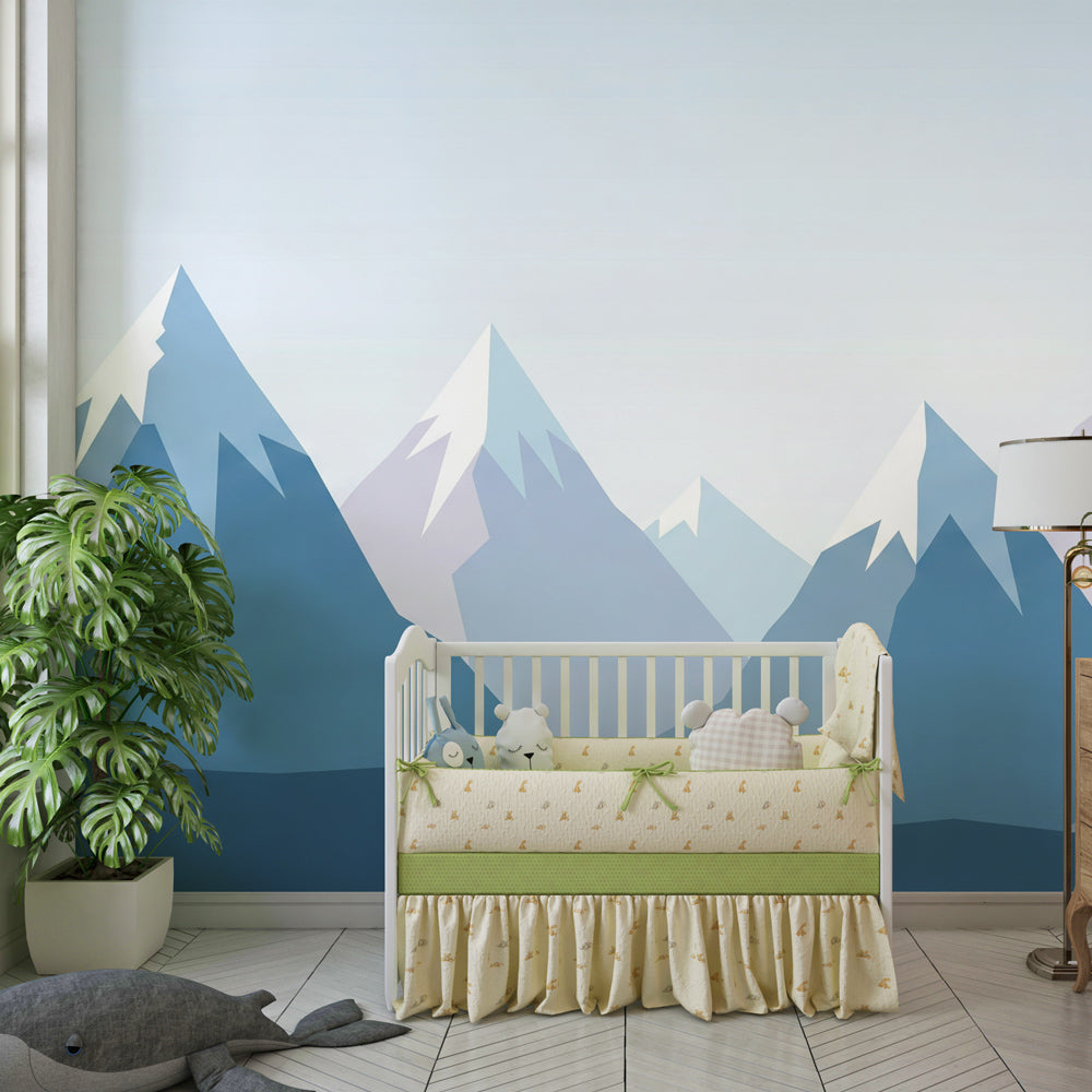 Blue mountain peaks mural wallpaper transforming children's playroom into adventure space