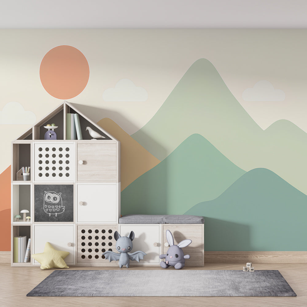 Nature-inspired mountain wallpaper creating calming atmosphere in modern kids playroom setting