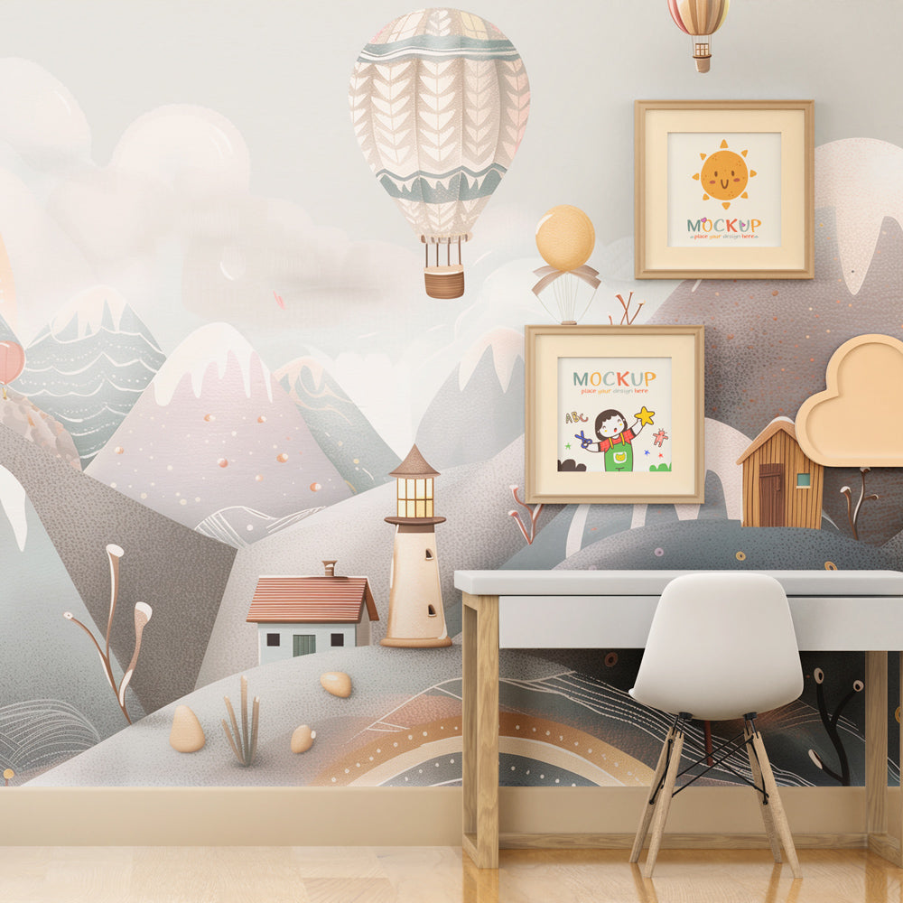 Mountain adventure mural wallpaper transforming children's playroom into alpine wonderland