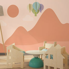 Mountain landscape wallpaper creating serene kids bedroom atmosphere with minimalist design