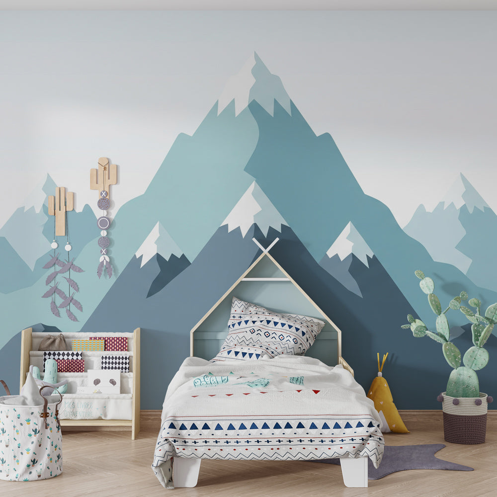Blue mountain wallpaper creating serene atmosphere in children's bedroom with natural wood furniture