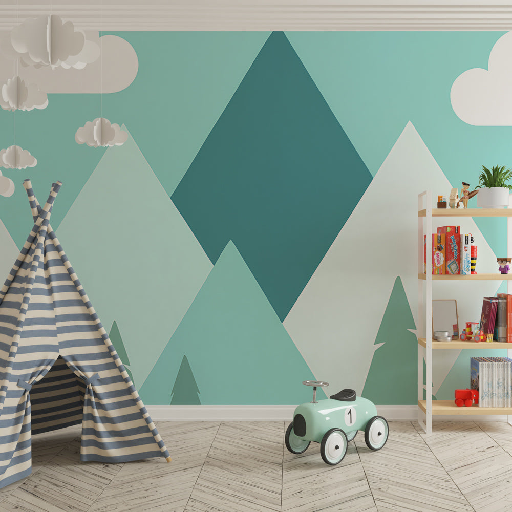 Mountain landscape wallpaper creating serene kids bedroom with soft pastel colors and cloud details