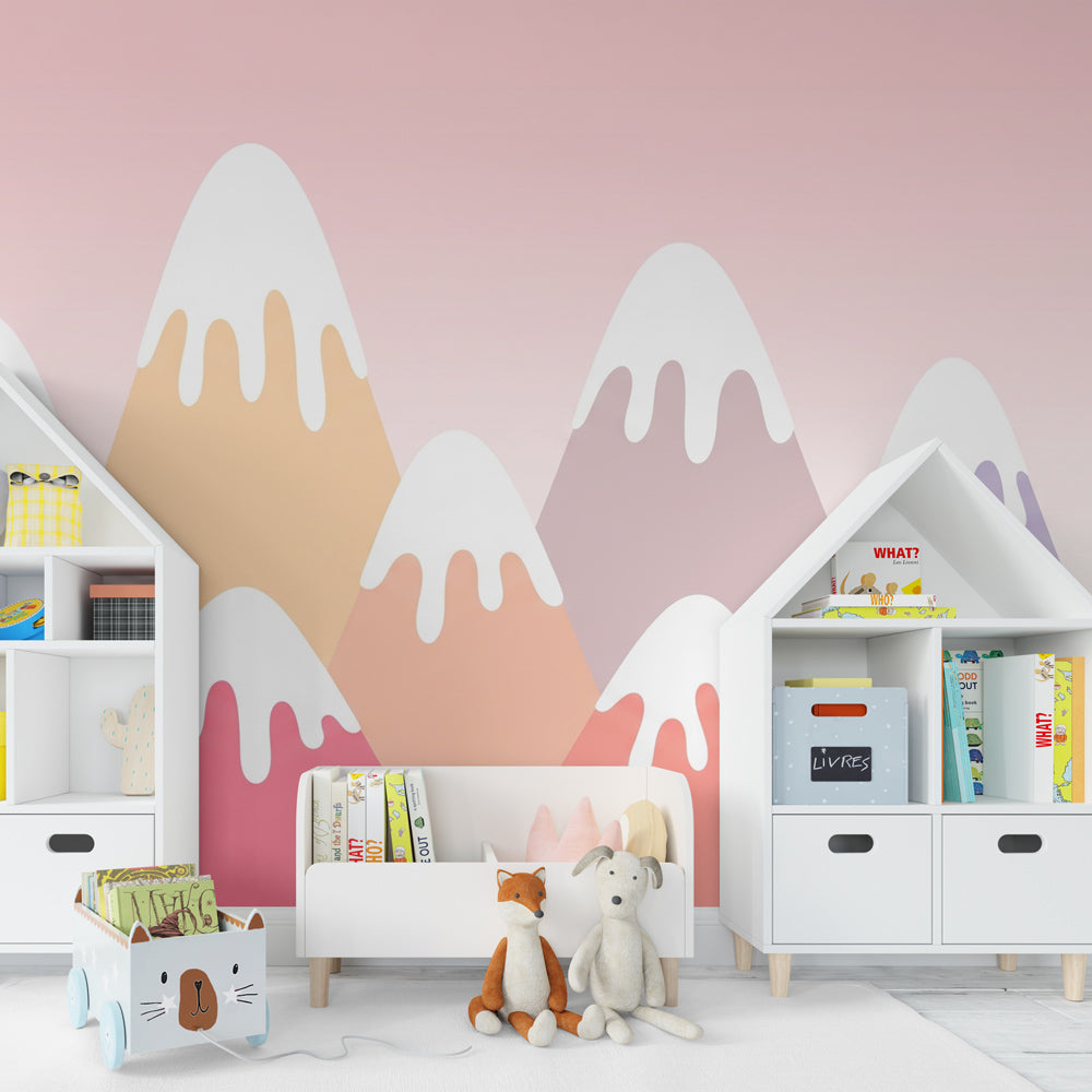 Mountain sunset wallpaper creating dreamy atmosphere in children's bedroom with wooden furniture