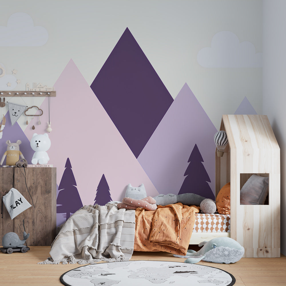 Mountain landscape wallpaper in children's bedroom with soft purple and pink peaks by Kids-Mundo