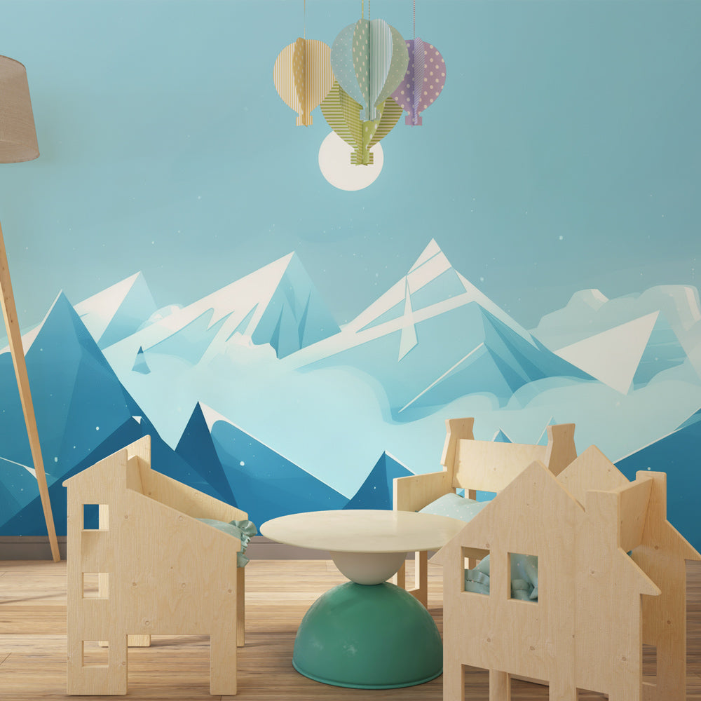 Blue geometric mountain wallpaper creating serene atmosphere in children's bedroom